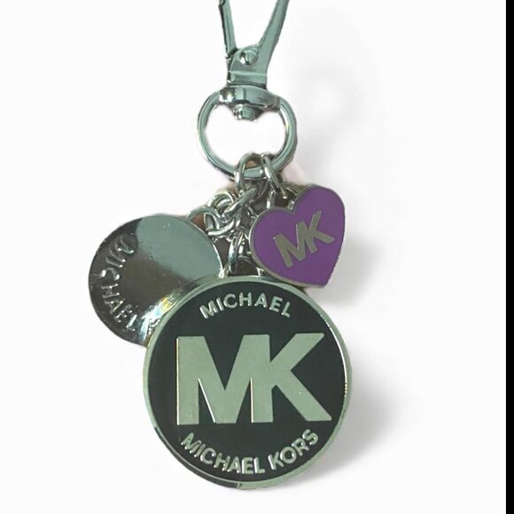 MICHAEL KORS - Silver Tone Key Chain Charm MK Logo Circular Bag Charm PURPLE - Picture 3 of 3